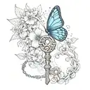 a fairy key with a blue butterfly over it and around the japanese death flowers tattoo design idea