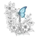 a fairy key with a blue butterfly over it and around the japanese death flowers tattoo design idea
