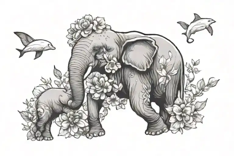 elephant and beluga whale with birth flowers from April and September tattoo design idea