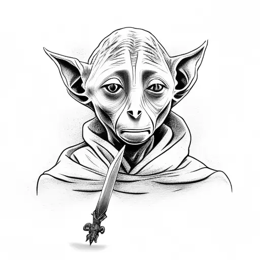 Dobby from Harry Potter with Gryffindor's sword in the hands tattoo design idea