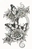 floral Hip tattoo with, crescent moon, sun, 2 butterflies, Aster flower, Violet, rose and marigold  tattoo design idea