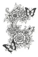 floral Hip tattoo with, crescent moon, sun, 2 butterflies, Aster flower, Violet, rose and marigold  tattoo design idea