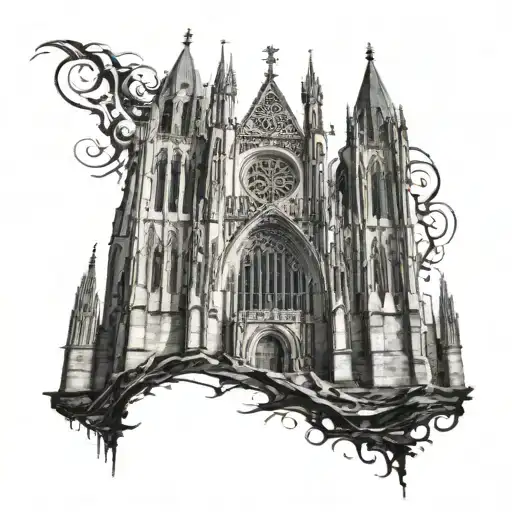A gothic cathedral with dark lettering incorporated into the architecture tattoo design idea