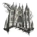 A gothic cathedral with dark lettering incorporated into the architecture tattoo design idea