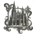 A gothic cathedral with dark lettering incorporated into the architecture tattoo design idea