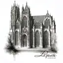 A gothic cathedral with dark lettering incorporated into the architecture tattoo design idea