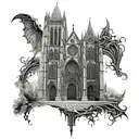 A gothic cathedral with dark lettering incorporated into the architecture tattoo design idea