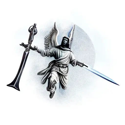 guardian angel with a sword in his hands. the background should be mountains or sky with clouds tattoo design idea