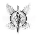 guardian angel with a sword in his hands. the background should be mountains or sky with clouds.  many details please tattoo design idea