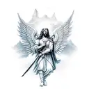 guardian angel with a sword in his hands. the background should be mountains or sky with clouds.  many details please tattoo design idea