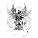 guardian angel with a sword in his hands. the background should be mountains or sky with clouds.  many details please tattoo design idea