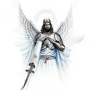 guardian angel with a sword in his hands. the background should be mountains or sky with clouds.  many details please tattoo design idea