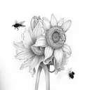 daffodils, sunflowers, bee, lily, daisy tattoo design idea
