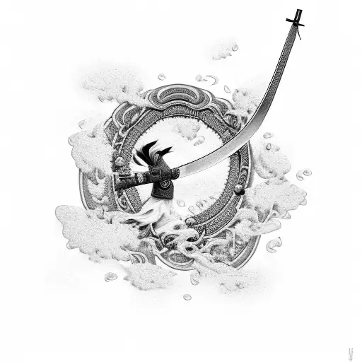 An elegant black-grey tattoo of a samurai sword with cherry blossoms tattoo design idea