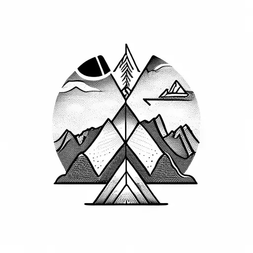 directional arrow including mountain, beach, sunset, music note, night life and wolf tattoo design idea