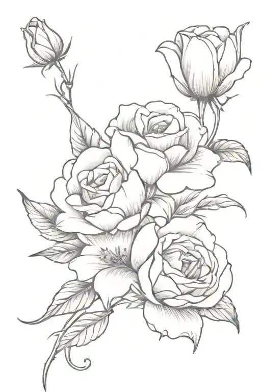  want a tattoo stencil of a rose, Chrysanthemum and a lily of the Vally tied together with a bow tattoo design idea