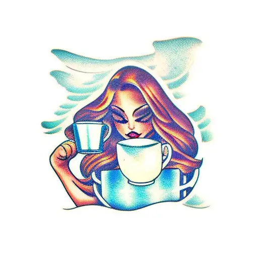 girl surfing holding mug of coffee tattoo design idea
