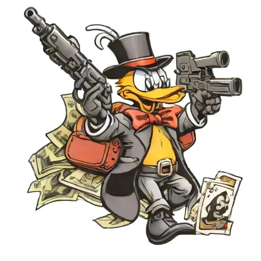 daffy duck with a gun money and cards and a bullet belt tattoo design idea
