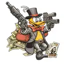 daffy duck with a gun money and cards and a bullet belt tattoo design idea