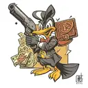 daffy duck with a gun money and cards and a bullet belt tattoo design idea