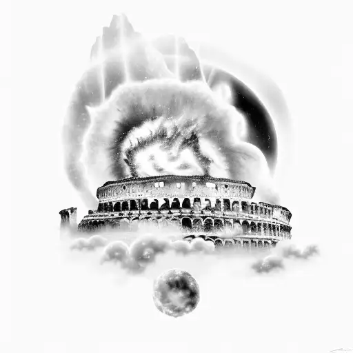 A black-grey tattoo of the Roman Colosseum merging with a nebula in space tattoo design idea