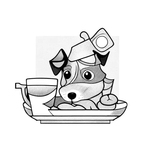 An actor's spotlight shining on a plate of pasta with a dog sitting next to it tattoo design idea