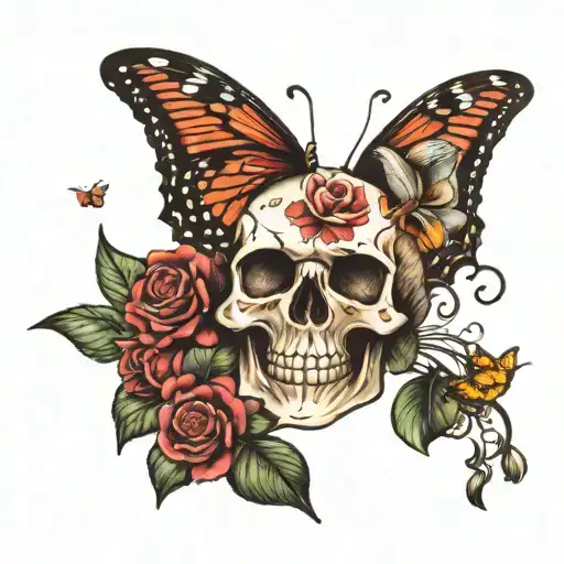 memorial for mom, skull, butterflies flying tattoo design idea