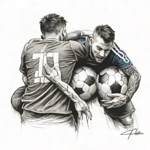 Two friends who are hugging, an arm over the shoulder and for them to be in the shadow behind the cross next to which the soccer ball is and from tattoo design idea