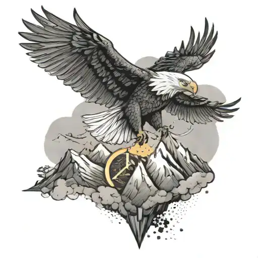 An eagle soaring over a mountain landscape with a Playstation controller in its talons tattoo design idea