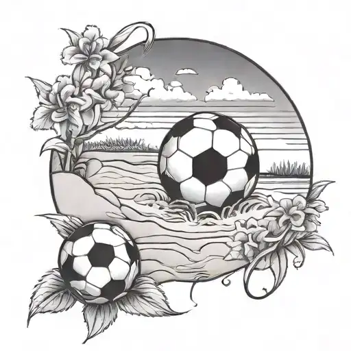 A serene beach scene with a soccer ball rolling in the sand and a field of flowers in the background tattoo design idea