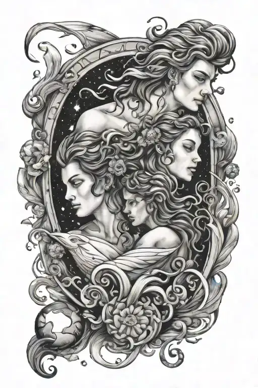 A constellation of Aquarius, Gemini, and Leo zodiac, aquarius protect Léo and Gemini with IS water fall tattoo design idea