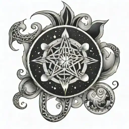 A constellation of Aquarius, Gemini, and Leo zodiac symbols intertwined in a cosmic design, reflecting the client's favorite signs tattoo design idea