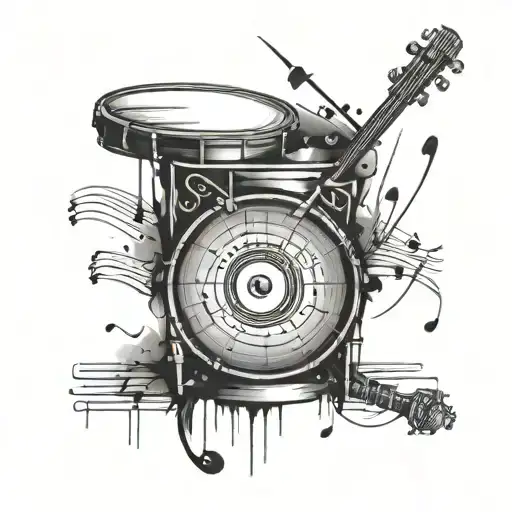 An abstract tattoo of a powerful African drum surrounded by musical notes and heartbeat lines to represent the client's love for African history and music tattoo design idea