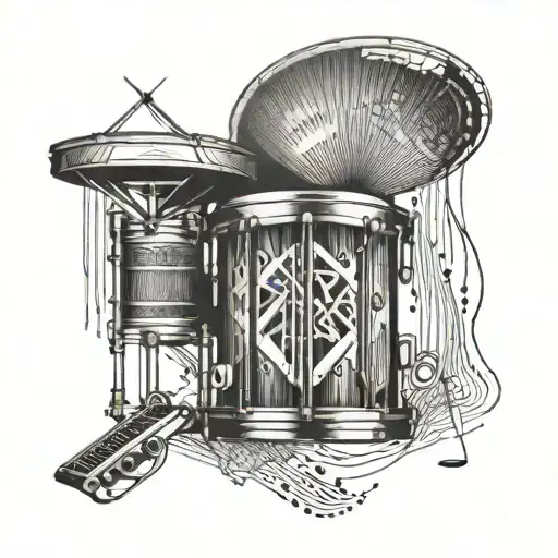 An abstract tattoo of a powerful African drum surrounded by musical notes and heartbeat lines to represent the client's love for African history and music tattoo design idea