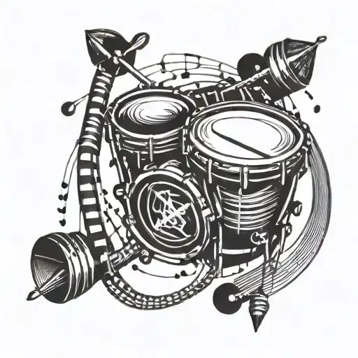 An abstract tattoo of a powerful African drum surrounded by musical notes and heartbeat lines to represent the client's love for African history and music tattoo design idea