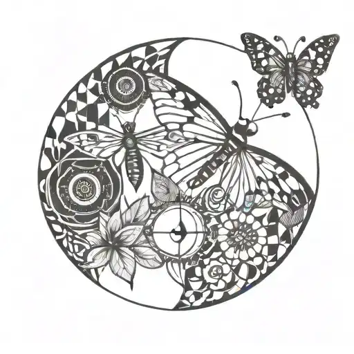 a moon with a butterfly, a ladybug and a dragonfly tattoo design idea