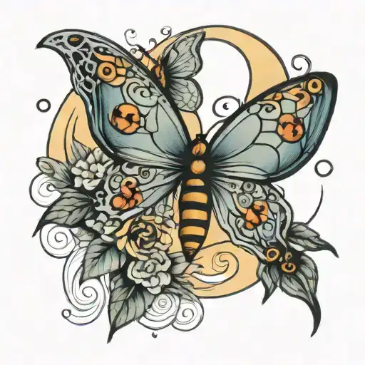 a moon with a butterfly, a ladybug and a dragonfly tattoo design idea