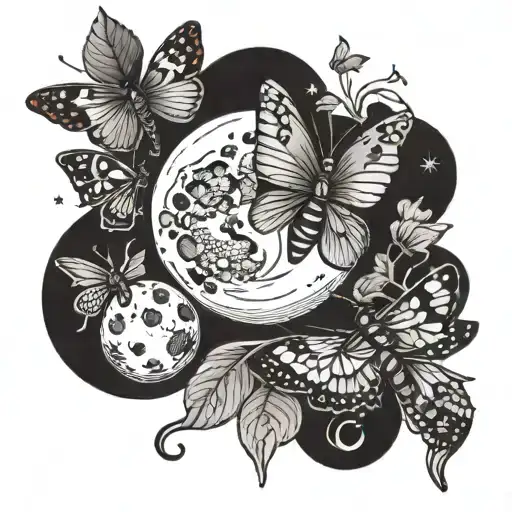 a moon with a butterfly, a ladybug and a dragonfly tattoo design idea