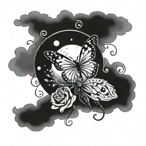 a moon with a butterfly, a ladybug and a dragonfly tattoo design idea
