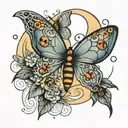 a moon with a butterfly, a ladybug and a dragonfly tattoo design idea