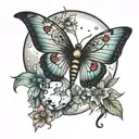 a moon with a butterfly, a ladybug and a dragonfly tattoo design idea