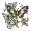 a moon with a butterfly, a ladybug and a dragonfly tattoo design idea