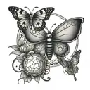 a moon with a butterfly, a ladybug and a dragonfly tattoo design idea