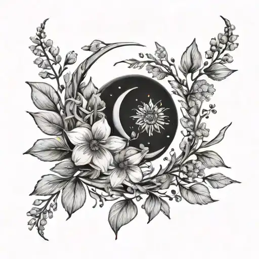 A black-grey tattoo of a crescent moon surrounded by delicate wildflower vines tattoo design idea