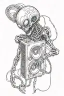alien coming out (breaking out) of speaker. rave techno crazy tattoo. music makes me free tattoo design idea
