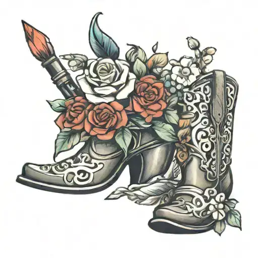a tube of lipstick in a cowboy boot flowers tattoo design idea