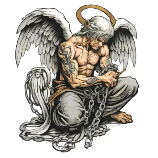 angel kneeling and chained by the hands tattoo design idea