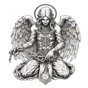angel kneeling and chained by the hands tattoo design idea