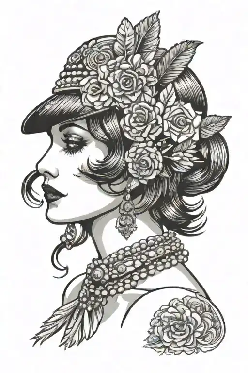 flapper girl side profile traditional lady head profile holding tattoo design idea