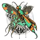 Chromatic linear design in synthesis for minimalist tattoo of mantis in defense position tattoo design idea